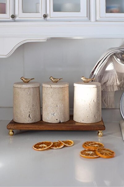 Akayev Marble Travertine Bird 3-Piece Spice Rack with Wooden Stand