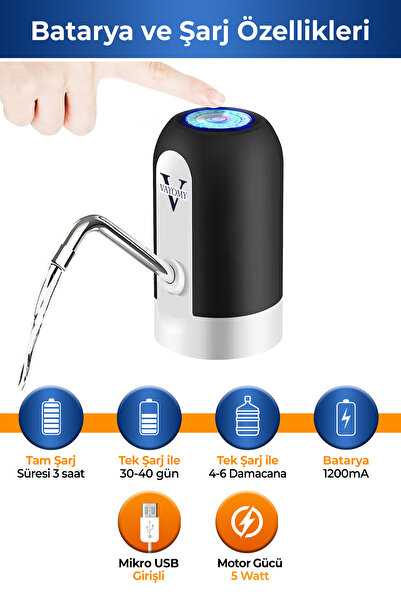 Vayomy Şarjlı Otomatik Damacana Su Pompası 1200 Mah Bataryalı (BPA IÇERMEZ ,CE BELGELİDİR)