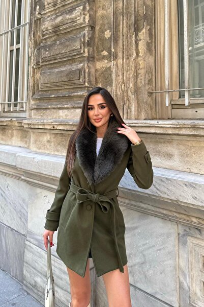 Dipmoda Palton scurt de damă cu guler de blană și curea, mărimea molton DPSTR...