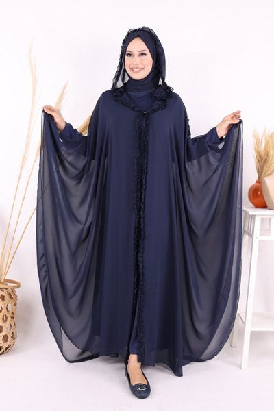 Bym Fashion Kapişonlu Belirli Kısımları Fırfır Detaylı Abayalı Elbise Takım 3...