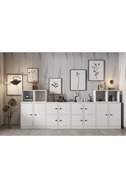 Nettrends Eva 12 Kapaklı 4 Açık Raflı Özel Tasarım Beyaz Konsol