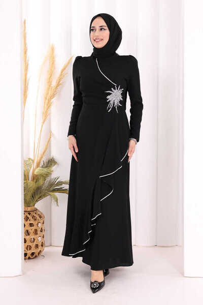 Bym Fashion Bel Kısmı Taş İşlemeli Fırfır Görünümlü Elbise 3894 Siyah