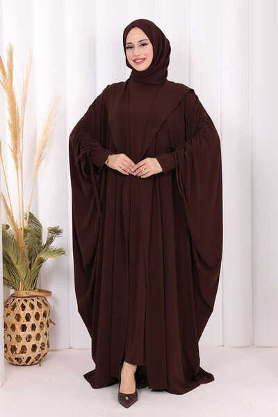 Bym Fashion Kapüşonlu Abaya ve Elbise İkili Takım 70013 Kahverengi