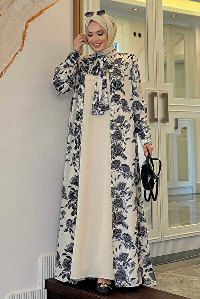 Bym Fashion Floral Patterned Neck Lace-Up Evening Dress Set - 3907 Stone