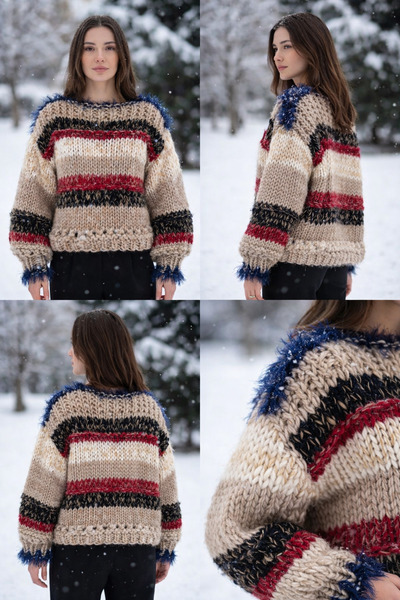 Tanem Çarşı Women's Sweater Hand-Knitted Balloon Sleeve Wool Thick Colored (5...