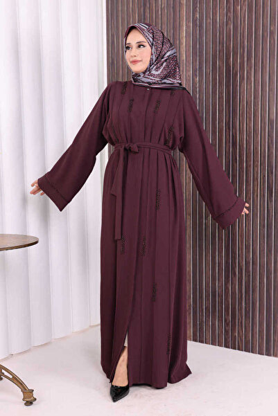 Bym Fashion Boncuk İşlemeli Tam Boy Ferace 7894 Bordo