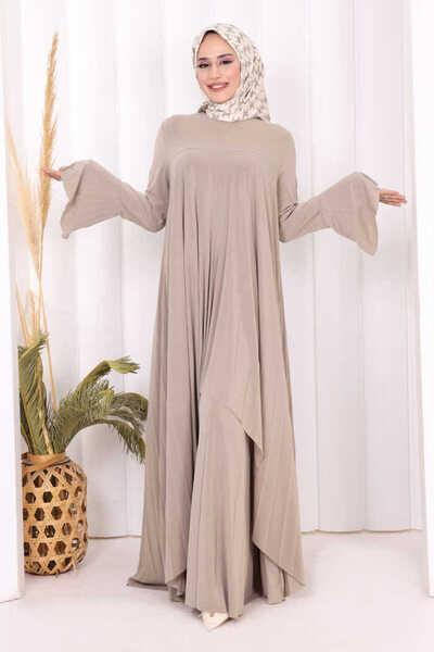 Bym Fashion Pilise Detaylı Uzun Tunik ve Pantolon İkili Takım 8575 Vizon