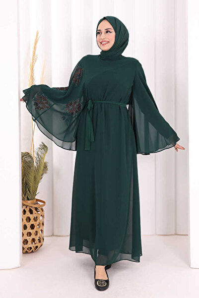 Bym Fashion Yarasakol Tek Kol Baskılı Şifon Astarlı Abiye Elbise 3539 Zümrüt