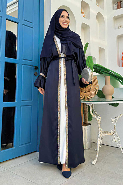 Bym Fashion Taş İşleme Detaylı Kuşaklı Elbiseli Abaya Takım 3860 Lacivert