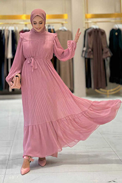 Bym Fashion Piliseli Fırfır Görünümlü Bel Kuşaklı Şifon Elbise 3628 Pudra
