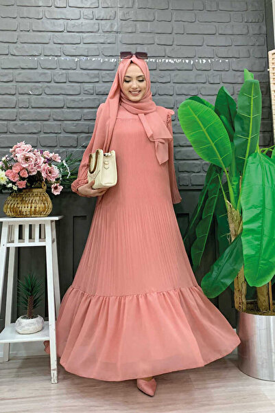 Bym Fashion Piliseli Fırfır Görünümlü Bel Kuşaklı Şifon Elbise 3628 Somon