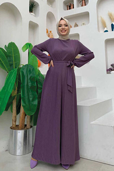 Bym Fashion تنورة مطوية مفصلة الخصر مربوطة الأصفاد أكمام بذلة مرنة 3704 أرجواني