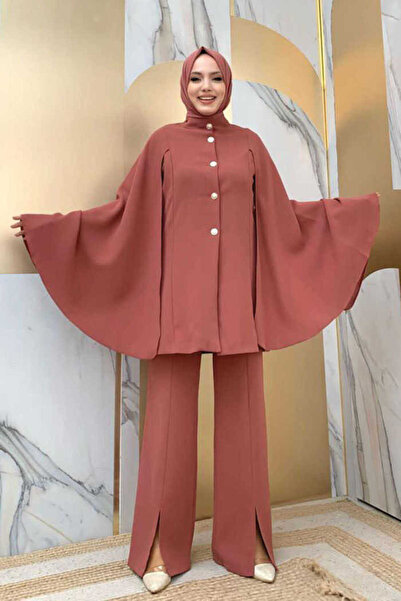 Bym Fashion Pelerinli Düğme Detay Ceket ve Pantolon Takım 8354 Gül Kurusu