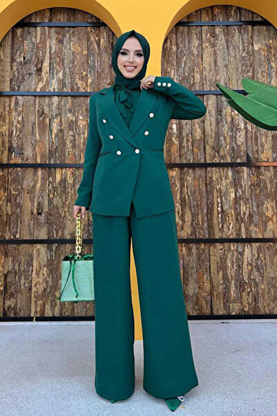 Bym Fashion طقم سترة فضفاضة بتفاصيل أزرار 8302 زمردي