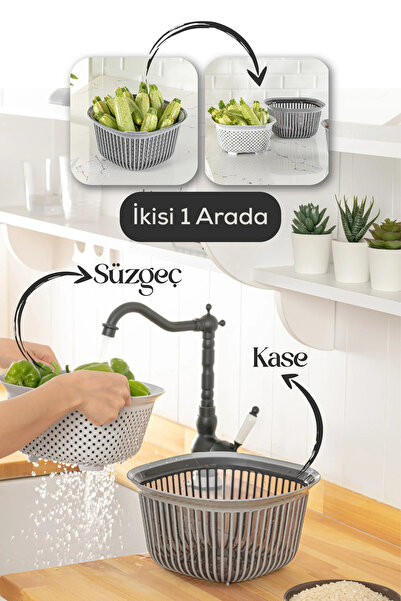 Eskabia Çok Amaçlı Süzgeçli Kare Kase 4 Litre Antrasit-Füme