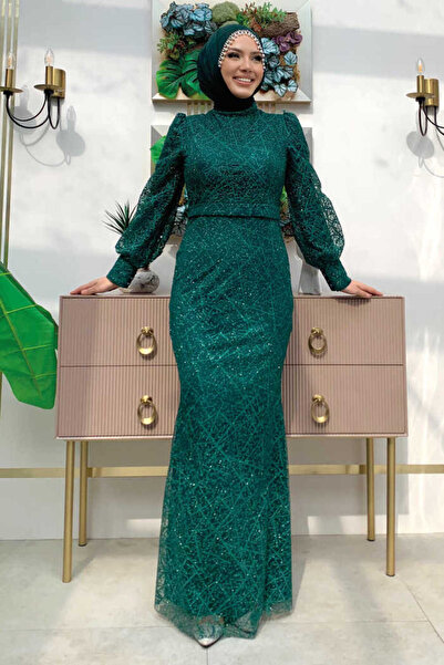 Bym Fashion Desenli Balonkol Görünümlü Simli Abiye Elbise 1144 Zümrüt