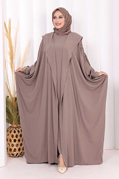 Bym Fashion Hooded Abaya and Dress Two-Piece Set 70013 Mink