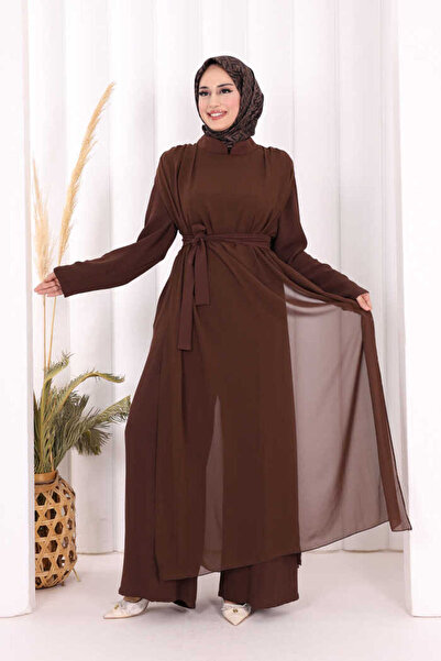 Bym Fashion Şifon Pelerin Detay Bel Kuşaklı Tulum 3330 Kahverengi