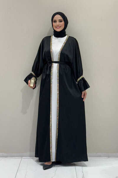 Bym Fashion Taş İşleme Detaylı Kuşaklı Elbiseli Abaya Takım 3860 Siyah