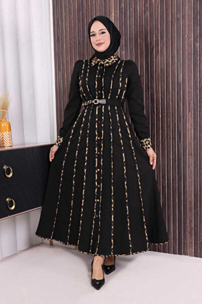 Bym Fashion Leopar Biyeli Kemerli Elbise 3930 Siyah