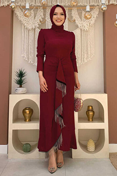 Bym Fashion Ön Zincir Püskül Detay Balık Model Abiye Elbise 3810 Bordo