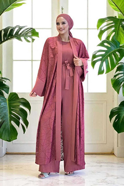Bym Fashion Dantel Abaya Bel Kuşaklı Cep Detaylı Tulum Takım 3782 Gül Kurusu