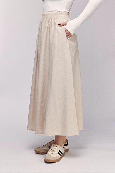 Saade Kadın A Kesim Yüksek Bel Cepli Dökümlü Kloş Etek - Dokulu Keten