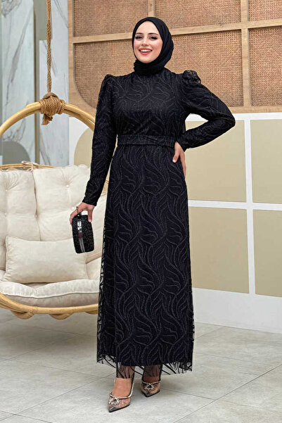 Bym Fashion فستان سهرة من التول اللامع بنقشة الأغصان مقاس كبير 1140-1 أسود