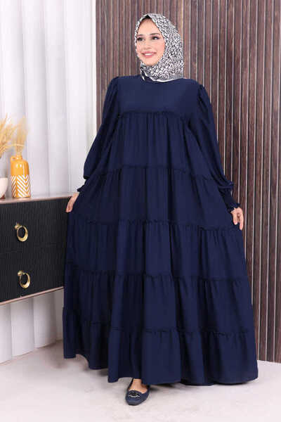 Bym Fashion Katlı Salaş Elbise 6023 Lacivert