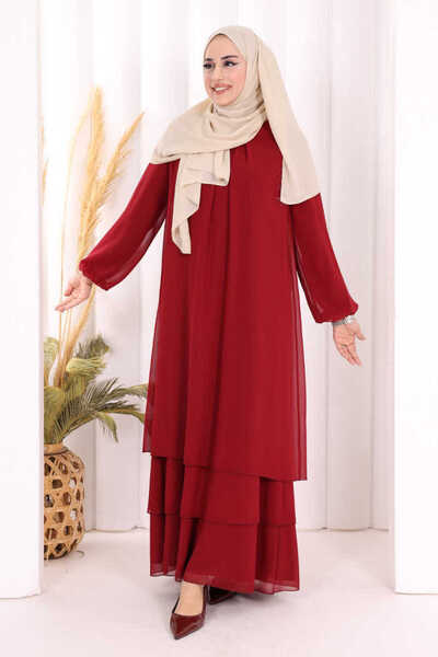 Bym Fashion Kat Kat Görünüm Kol Manşetleri Lastikli Şifon Elbise 3060 Bordo