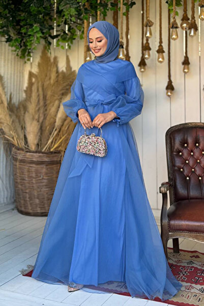 Bym Fashion Βραδινό φόρεμα από τούλι με λεπτομέρεια στη μέση 3964 Indigo