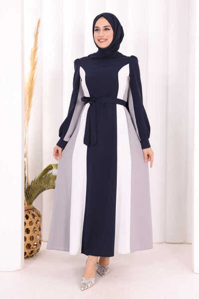 Bym Fashion فستان بحزام خصر ثلاثي الألوان باللون الأزرق الداكن 3901