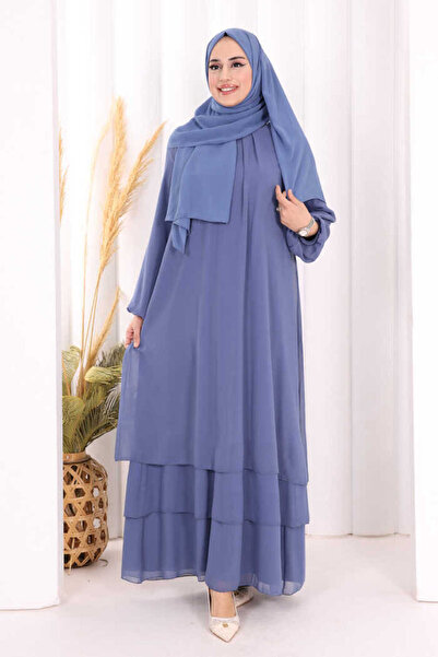 Bym Fashion Kat Kat Görünüm Kol Manşetleri Lastikli Şifon Elbise 3060 İndigo