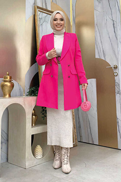 Bym Fashion سترة فوشيا 7660 - مظهر الجيب، تفاصيل الزر الأمامي وبطانة