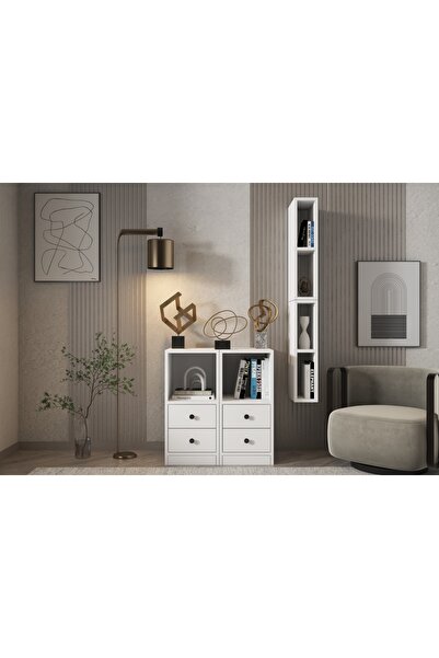 Nettrends Eva 4 Çekmeceli Duvar Raflı Modern Tasarım Beyaz Şifonyer HVV-ŞFN-1004