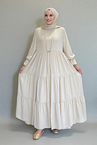 Bym Fashion Kol Lastikli Kat Görünümlü Abayalı Elbise Takım 3859 Taş