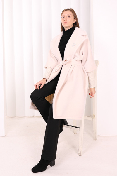 Bym Fashion Bel Kuşaklı Yaka Taş Broş Detaylı Kaban 7874 Taş