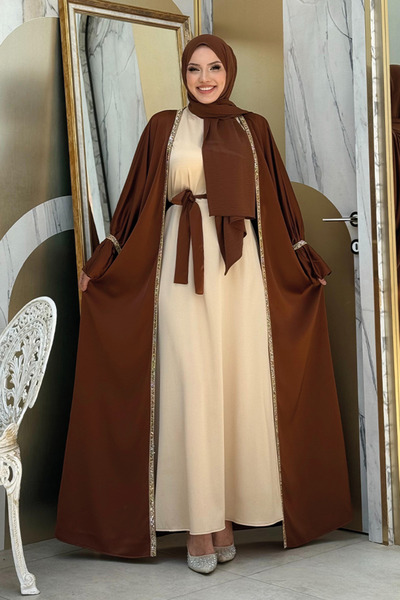 Bym Fashion Taş İşleme Detaylı Kuşaklı Elbiseli Abaya Takım 3860 Kahverengi