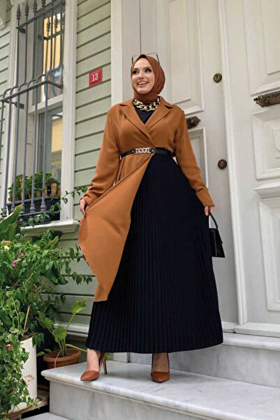 Bym Fashion Sukně s detailním límcem Dvoubarevné šaty s páskem 3850 Tan