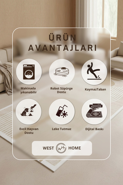 West Home Bohem Yıkanabilir Kaymaz Taban Leke Tutmaz Salon Halısı Mutfak Halısı ve Yolluk