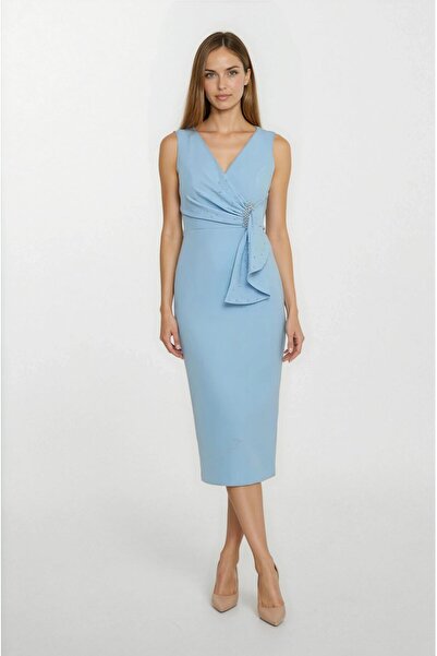 Spazio Daniele Kruvaze Yaka Bel Pileli Mendil İnci İşlemeli Kısa Abiye Elbise...