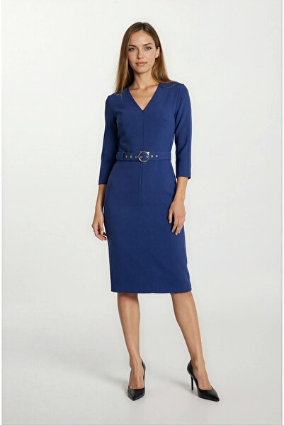 Spazio Tigerman V Yaka Fermuarlı Önde Yırtmaçlı Kemerli Elbise SAKS