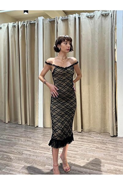 theanemos Fırfır Detaylı Dantel Midi Elbise