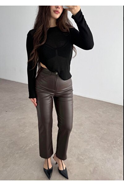 Ecenin Favorileri Kahve Suni Deri Palazzo Kadın Pantolon