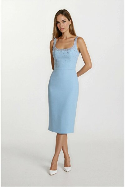 Spazio Ormilda Kare Yaka İnci İşlemeli Kısa Abiye Elbise MAVİ