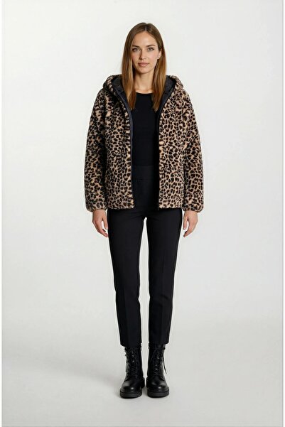 Spazio Tomasino Çift Taraflı Kapitoneli Peluş Leopar Kapüşonlu Mont SİYAH