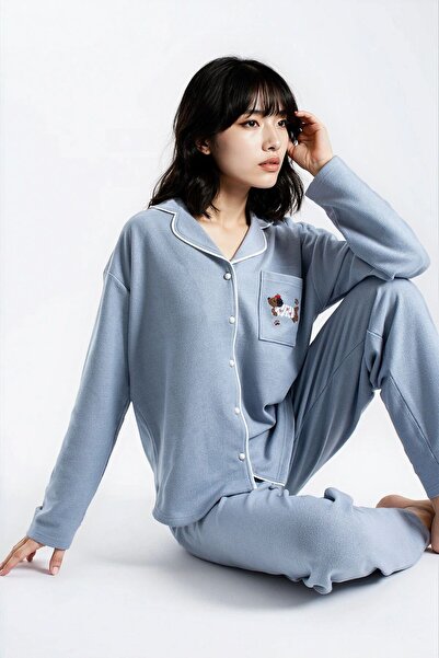 Ecrou Women's Blue Waffle Dashie Peter Pan collar Long Sleeve Pants Pajama Set