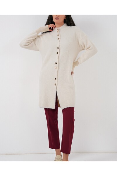 Modamorfo Women's Soft Textured Long Knit Cardigan 15953 - Ecru