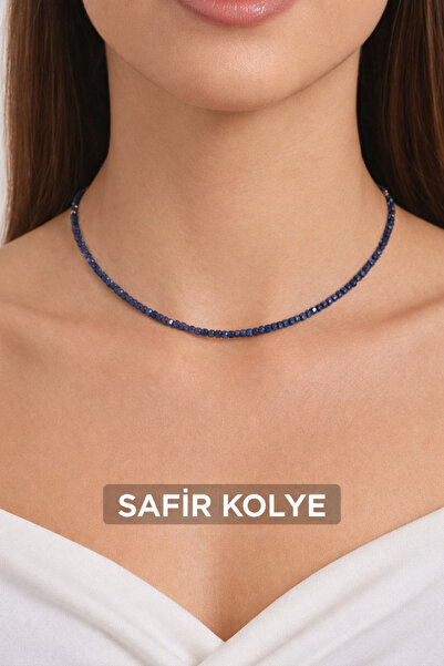 Cunda Doğal Taş Design Safir Doğal Taş Kolye ( 2mm ) Minimal Model ( Lacivert...