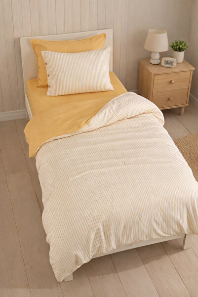 Cottonest طقم غطاء لحاف مفرد مخطط من القطن مقاس 160 × 220 - غطاء وسادة واحد